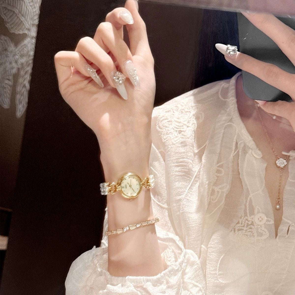 Dainty Gold Round Freshwater Pearl Bracelet Ladies Watch