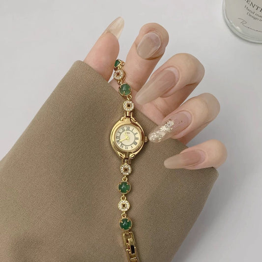 Gold Oval Face Green Beads Bracelet Watch for Women