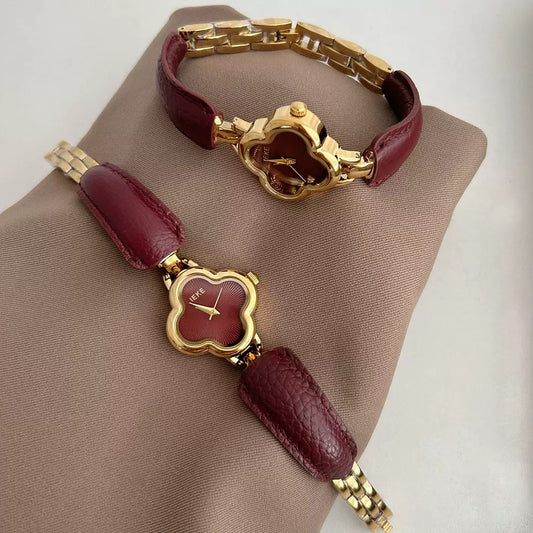 Four Leaf Clover Classic Red Genuine Leather Watch for Women