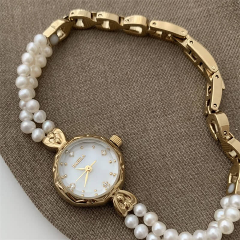 Dainty Gold Round Freshwater Pearl Bracelet Ladies Watch
