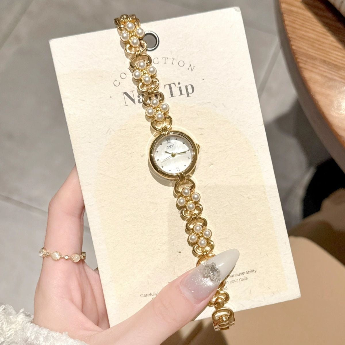 Dainty Gold Round Freshwater Pearl Bracelet Ladies Watch