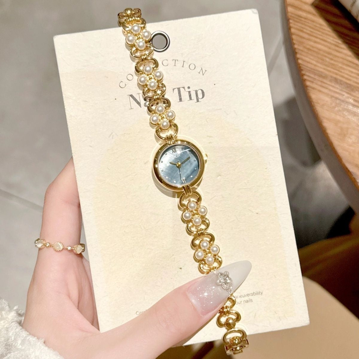 Dainty Gold Round Freshwater Pearl Bracelet Ladies Watch