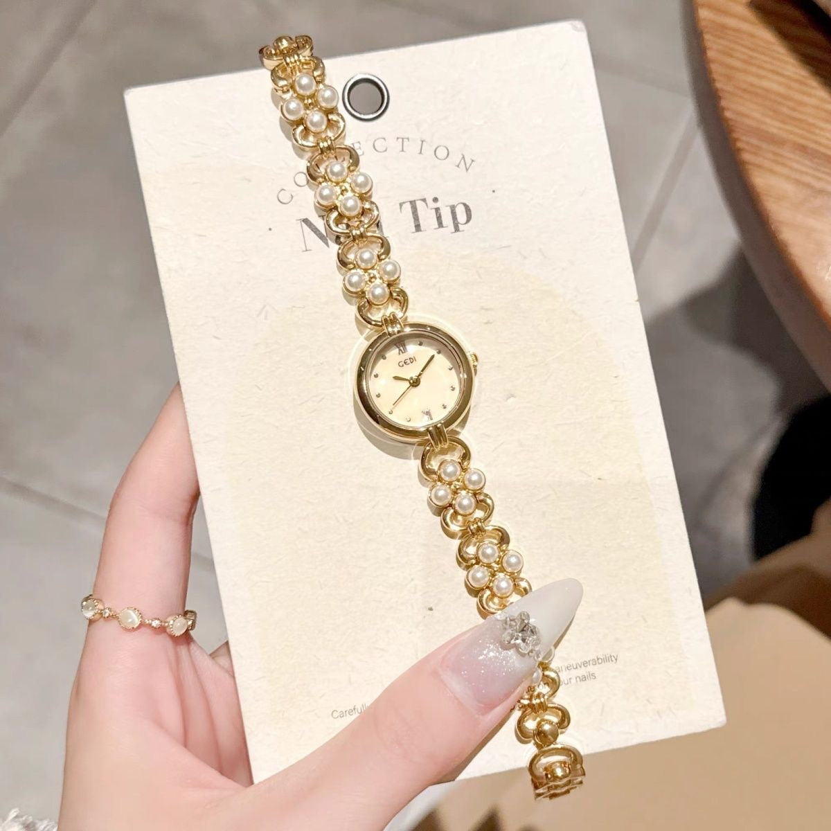 Dainty Gold Round Freshwater Pearl Bracelet Ladies Watch