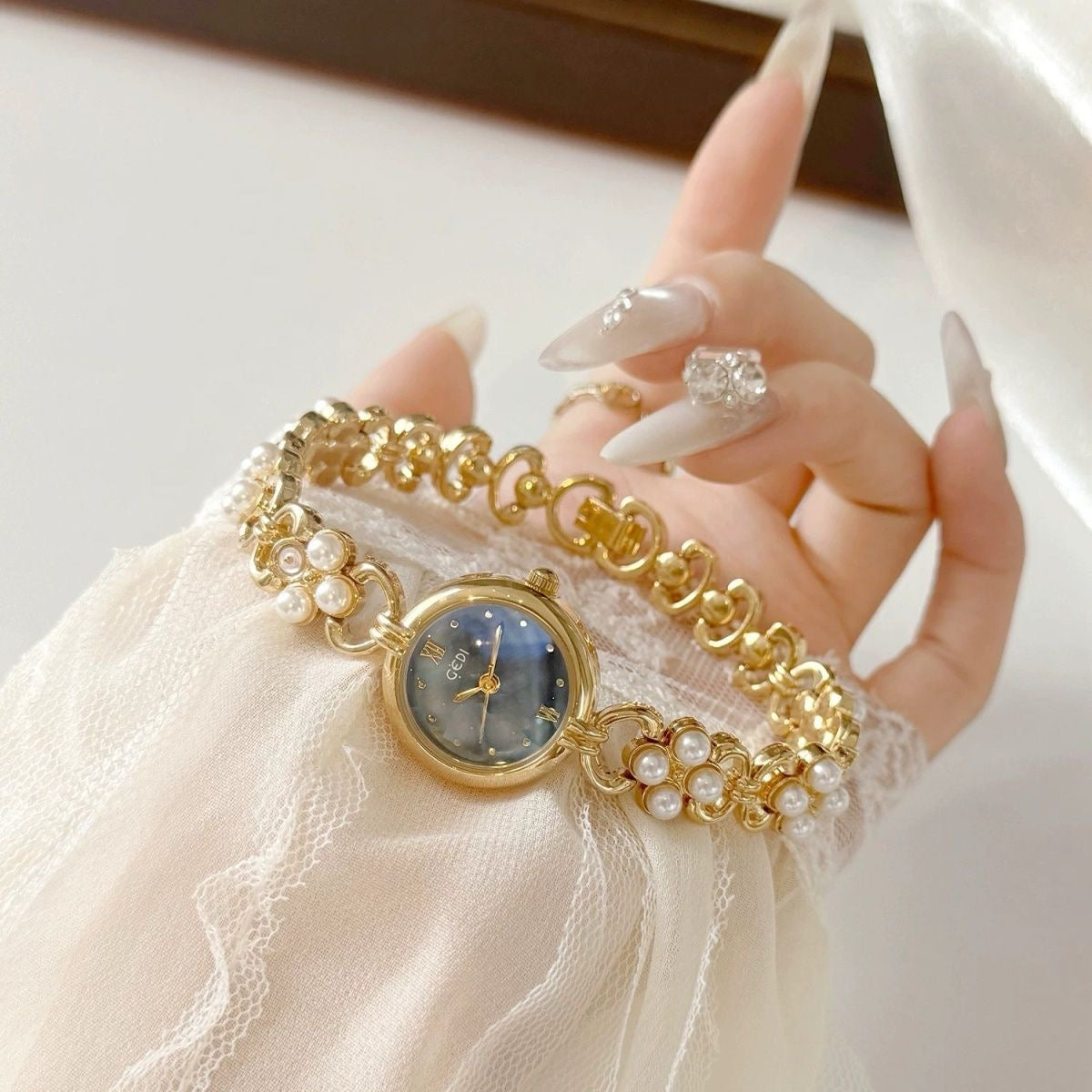 Dainty Gold Round Freshwater Pearl Bracelet Ladies Watch