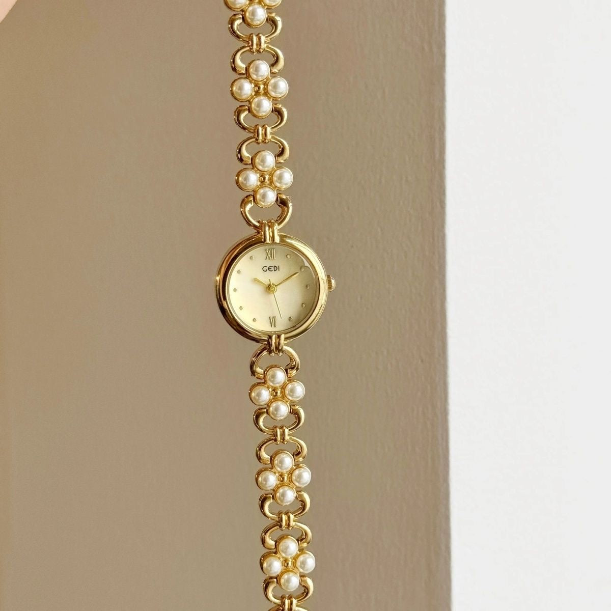 Dainty Gold Round Freshwater Pearl Bracelet Ladies Watch