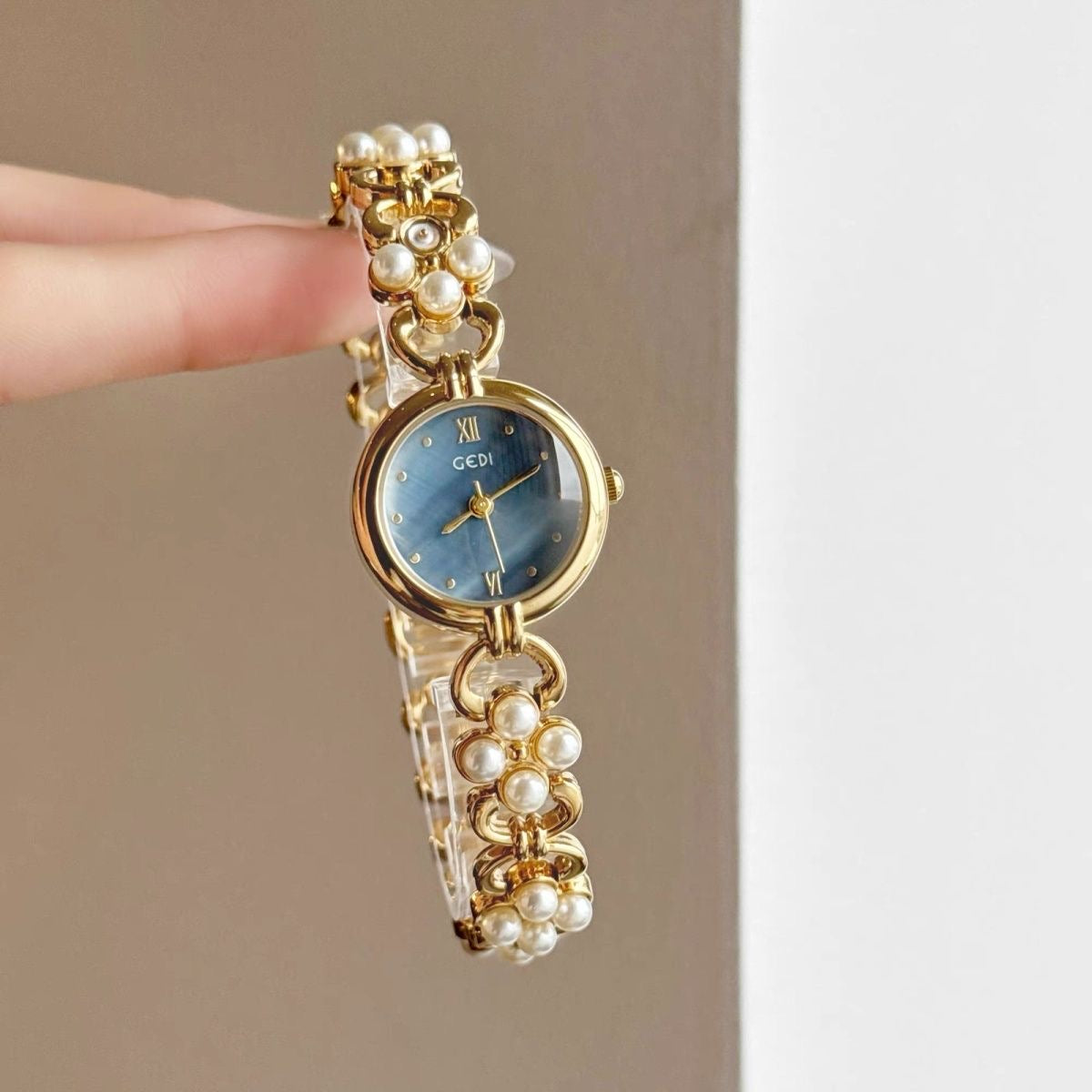 Dainty Gold Round Freshwater Pearl Bracelet Ladies Watch