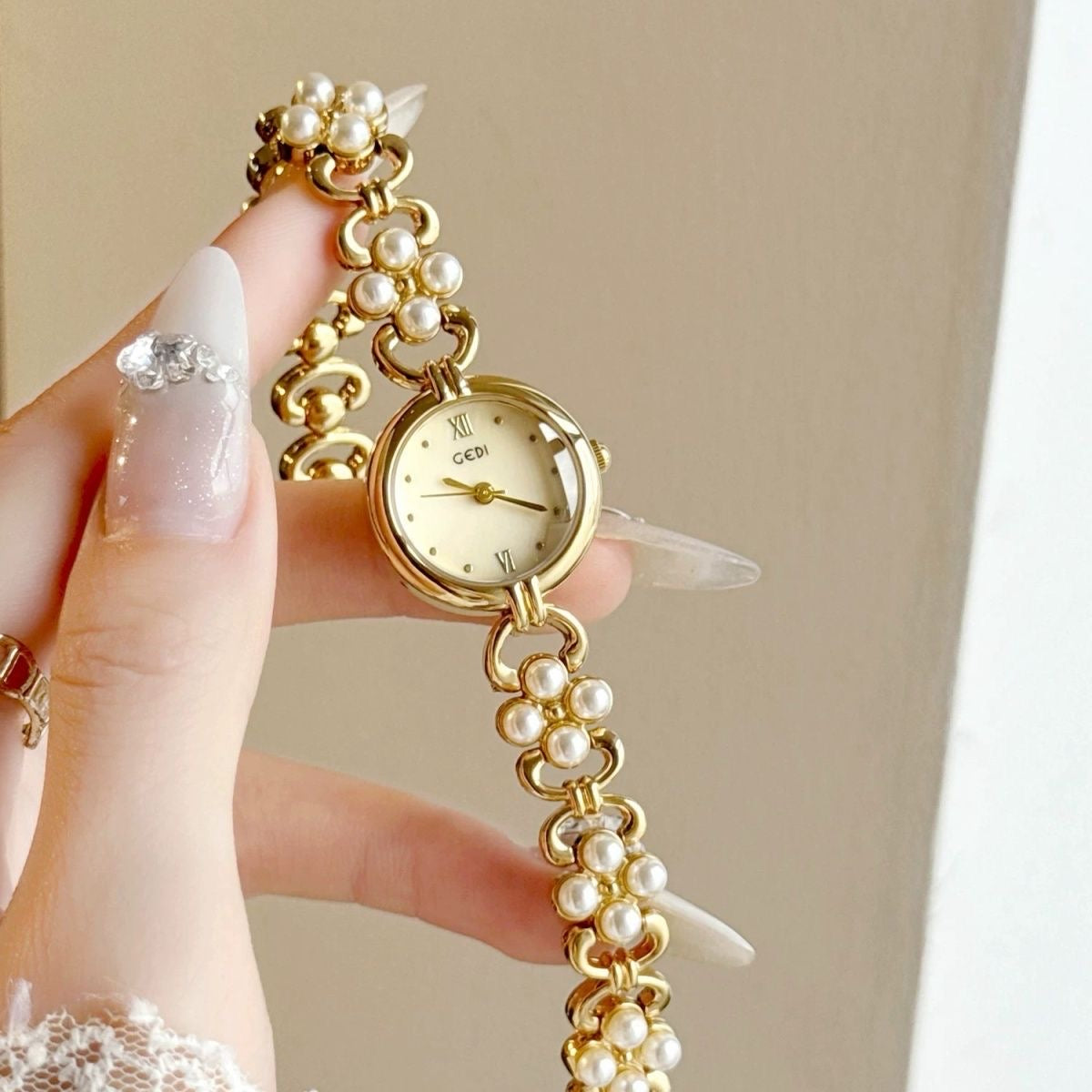 Dainty Gold Round Freshwater Pearl Bracelet Ladies Watch