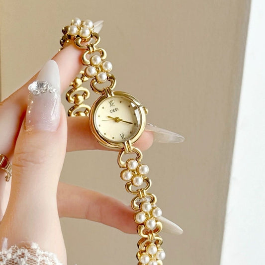 Dainty Gold Round Freshwater Pearl Bracelet Ladies Watch