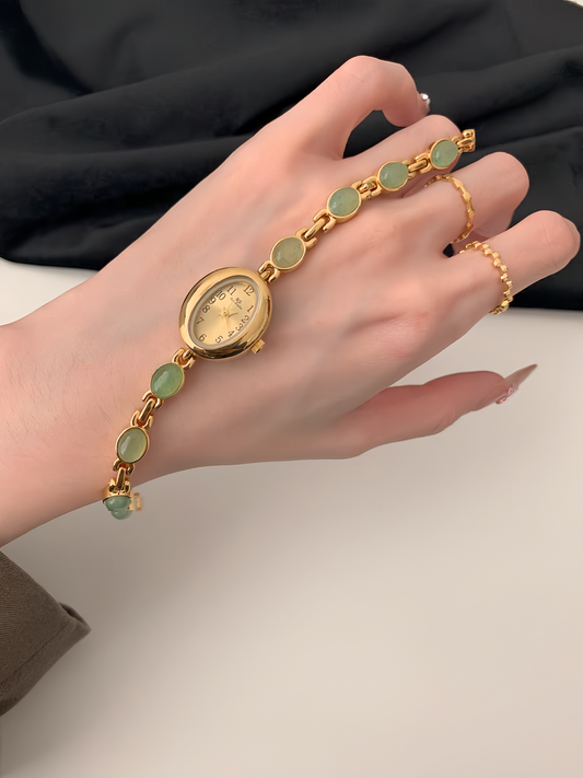 Vintage Style Green Jade Stone Bracelet Watch for Women