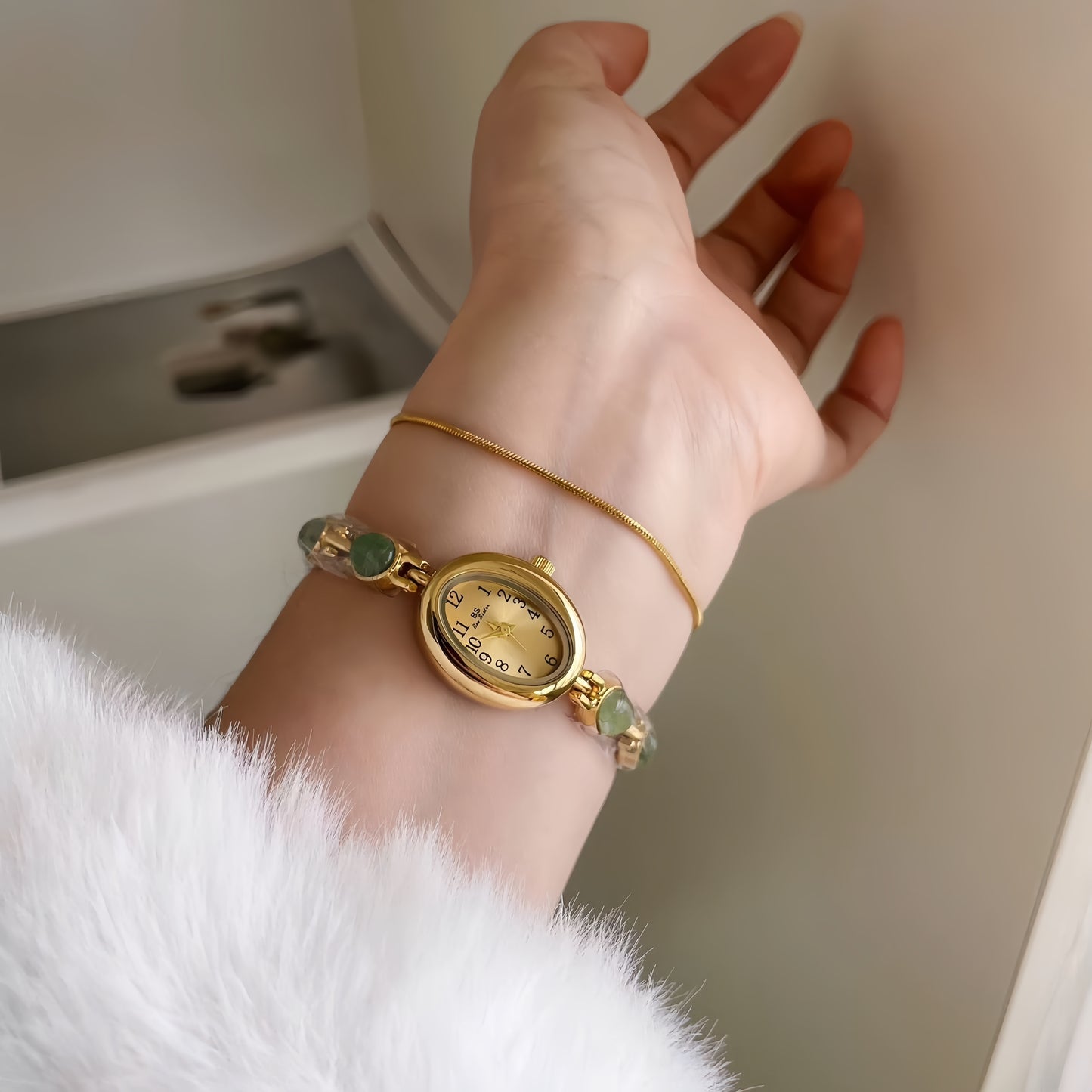 Vintage Style Green Jade Stone Bracelet Watch for Women