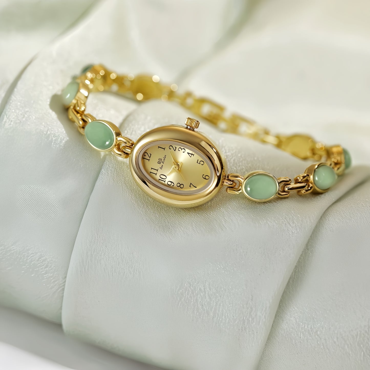 Vintage Style Green Jade Stone Bracelet Watch for Women