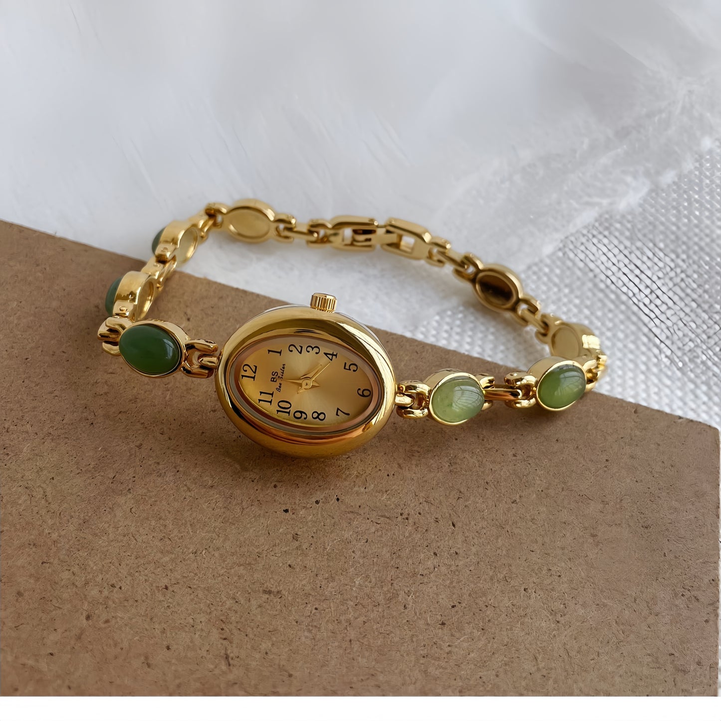 Vintage Style Green Jade Stone Bracelet Watch for Women