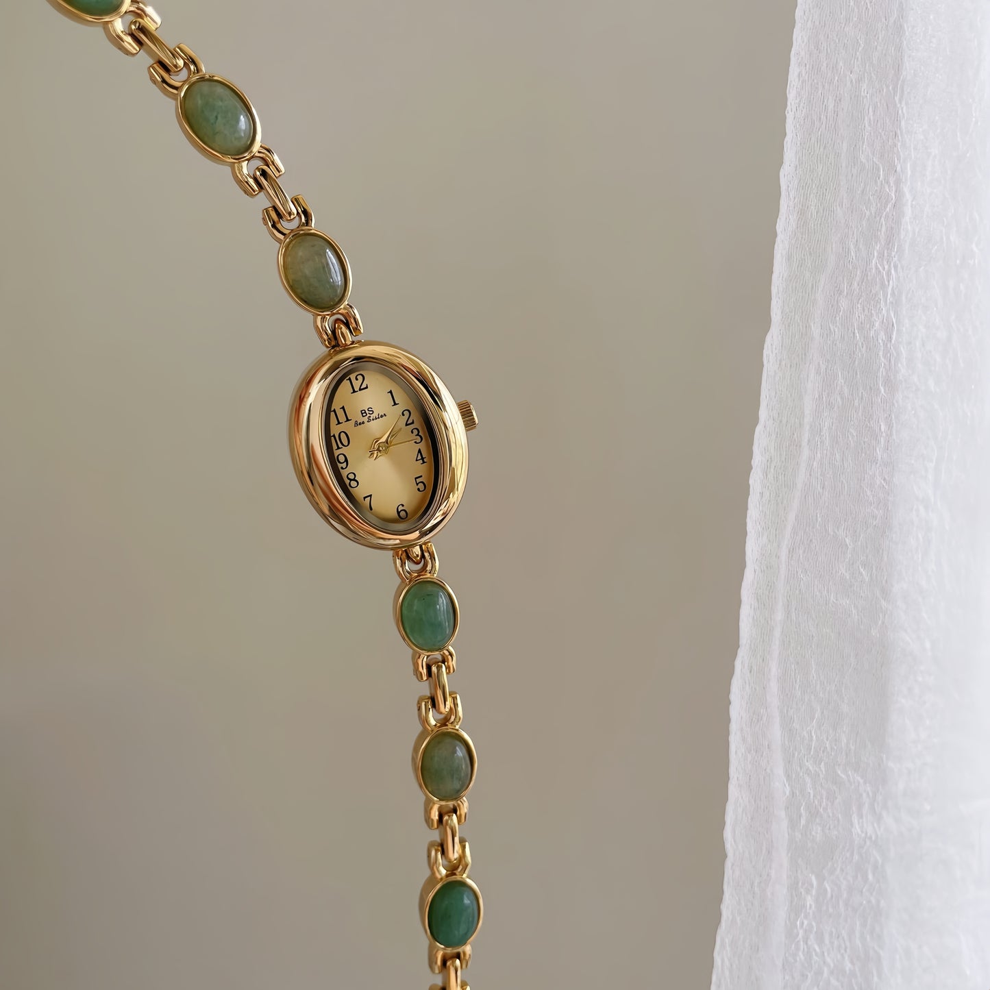 Vintage Style Green Jade Stone Bracelet Watch for Women
