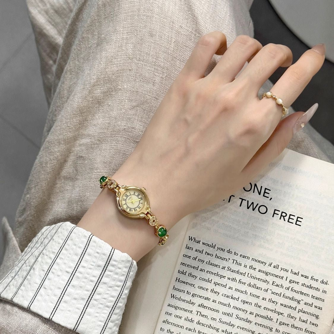 Gold Oval Face Green Beads Bracelet Watch for Women