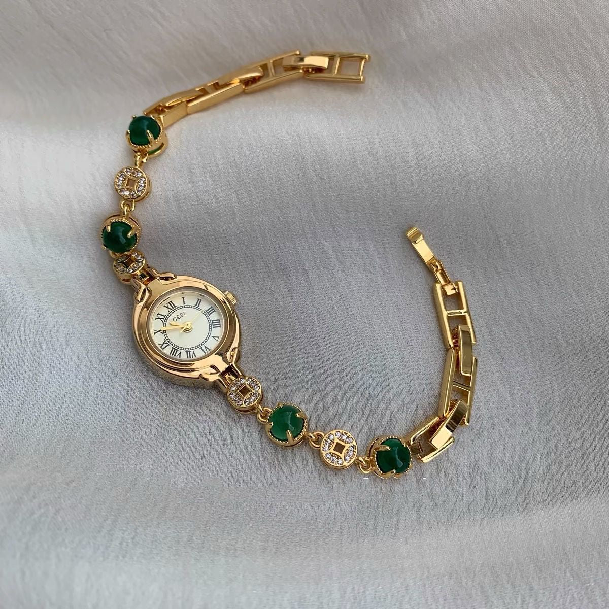 Gold Oval Face Green Beads Bracelet Watch for Women