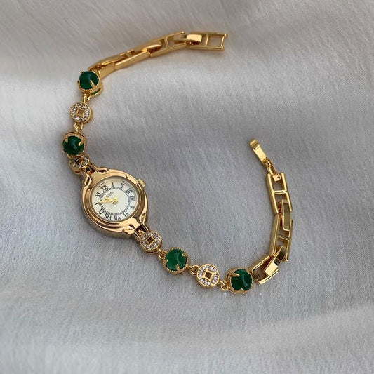 Gold Oval Face Green Beads Bracelet Watch for Women