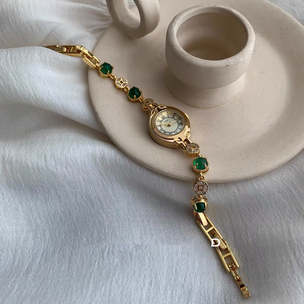 Gold Oval Face Green Beads Bracelet Watch for Women