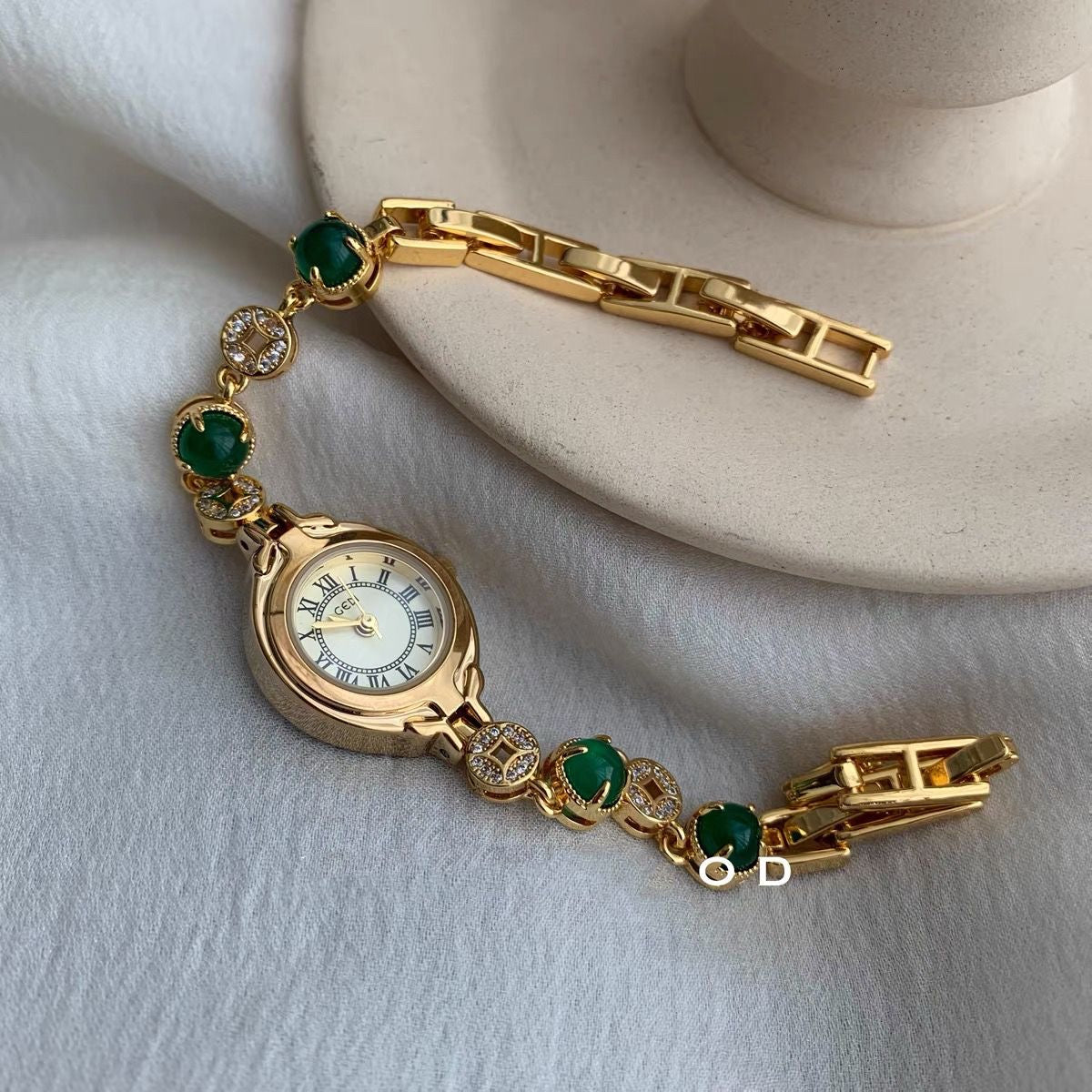 Gold Oval Face Green Beads Bracelet Watch for Women