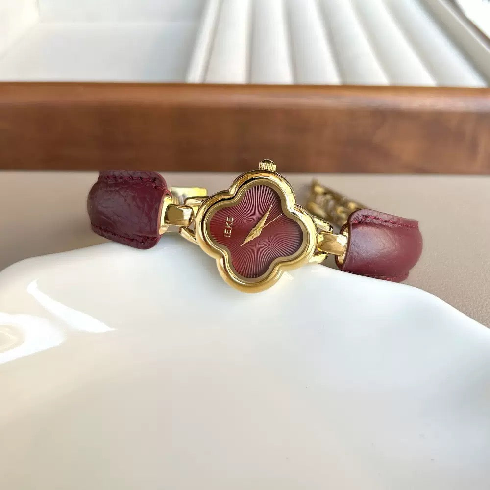 Four Leaf Clover Classic Red Genuine Leather Watch for Women