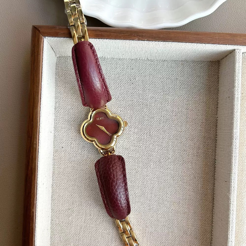 Four Leaf Clover Classic Red Genuine Leather Watch for Women