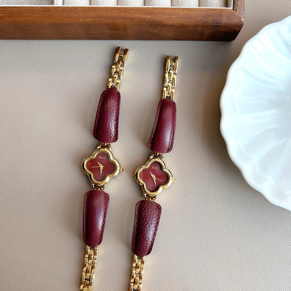 Four Leaf Clover Classic Red Genuine Leather Watch for Women