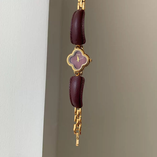 Four Leaf Clover Classic Red Genuine Leather Watch for Women