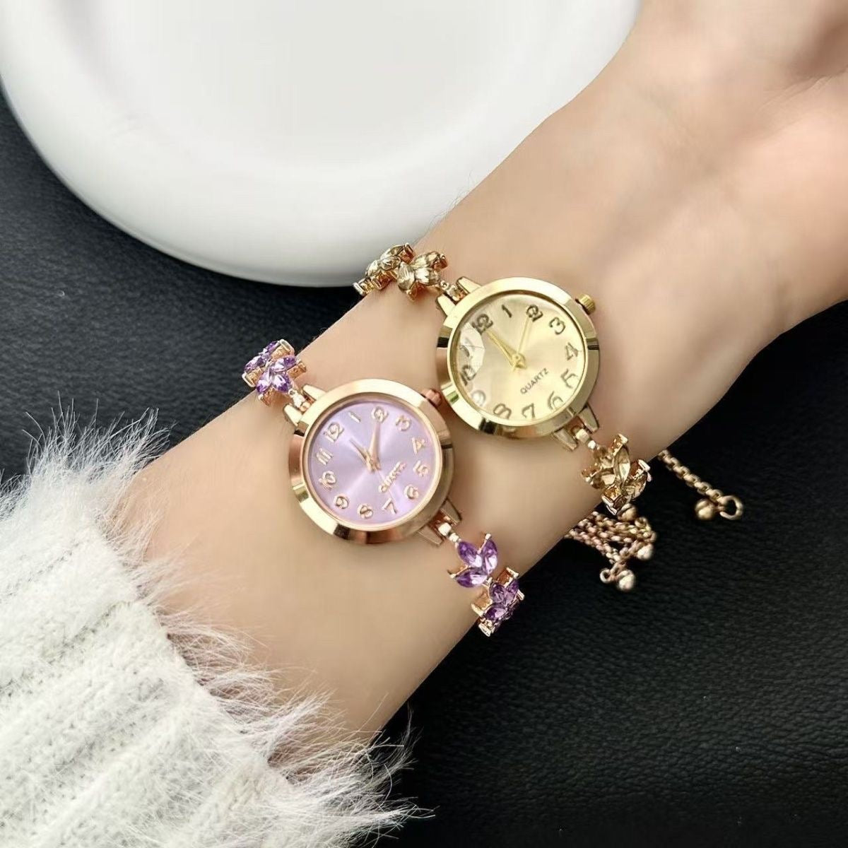 Retro-style oval dial petal bracelet watch