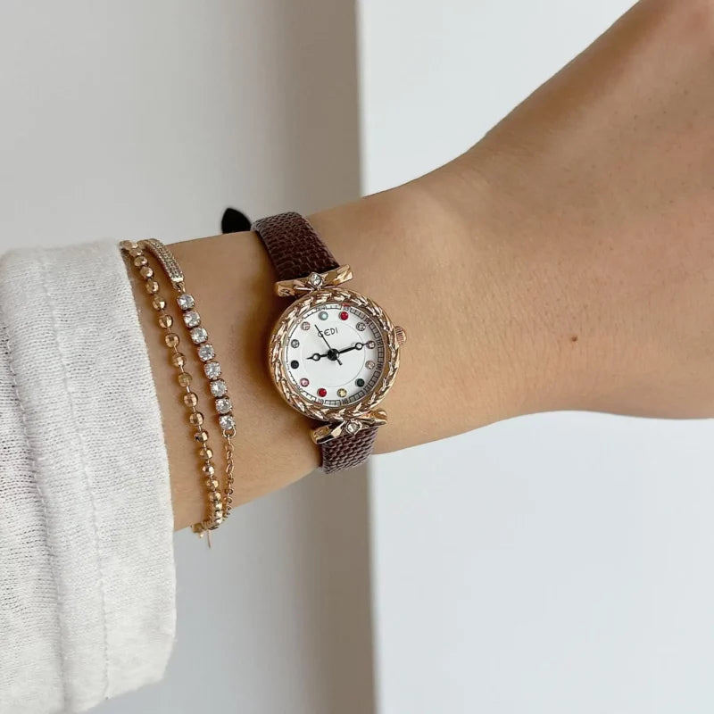 Dainty Brown/Black Round Leather Ladies’ Watch