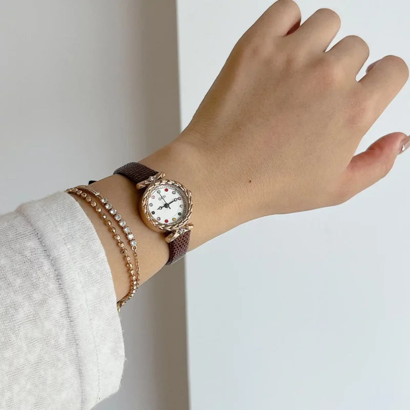 Dainty Brown/Black Round Leather Ladies’ Watch