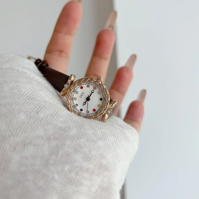 Dainty Brown/Black Round Leather Ladies’ Watch