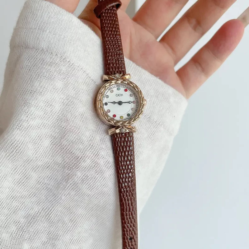 Dainty Brown/Black Round Leather Ladies’ Watch