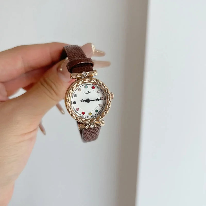 Dainty Brown/Black Round Leather Ladies’ Watch