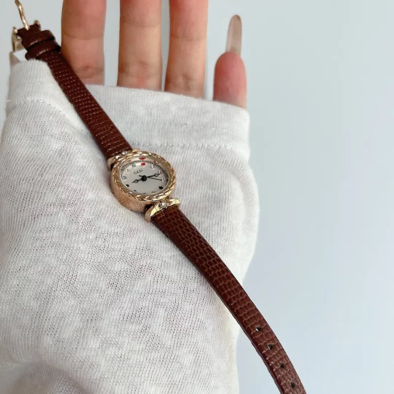 Dainty Brown/Black Round Leather Ladies’ Watch