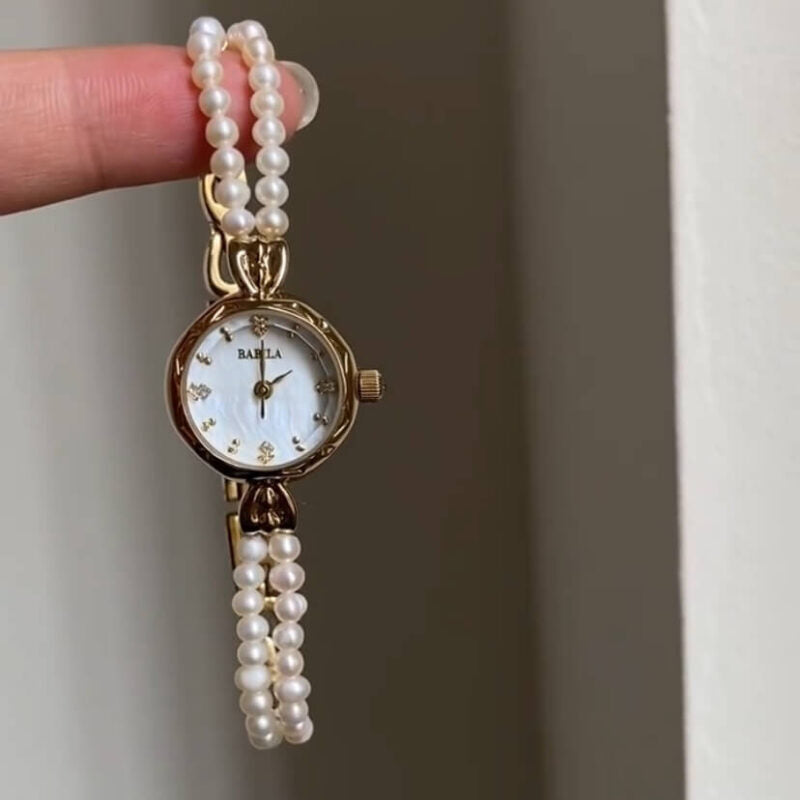 Dainty Gold Round Freshwater Pearl Bracelet Ladies Watch