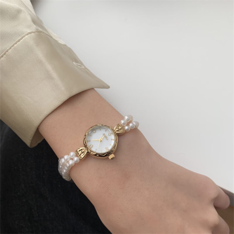 Dainty Gold Round Freshwater Pearl Bracelet Ladies Watch