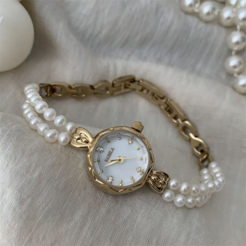 Dainty Gold Round Freshwater Pearl Bracelet Ladies Watch