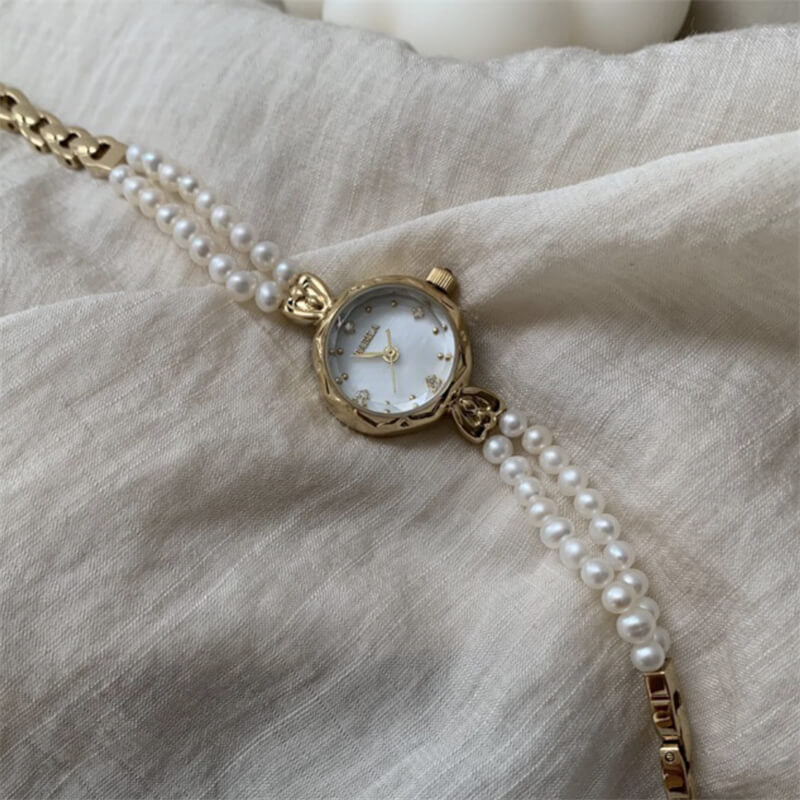 Dainty Gold Round Freshwater Pearl Bracelet Ladies Watch