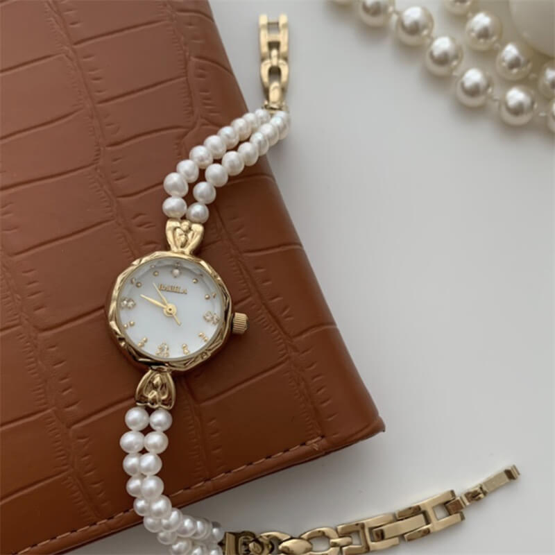 Dainty Gold Round Freshwater Pearl Bracelet Ladies Watch